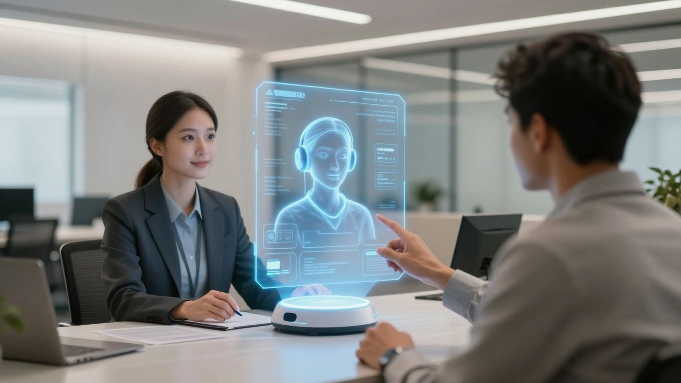 AI receptionist assisting a customer in a modern office.
