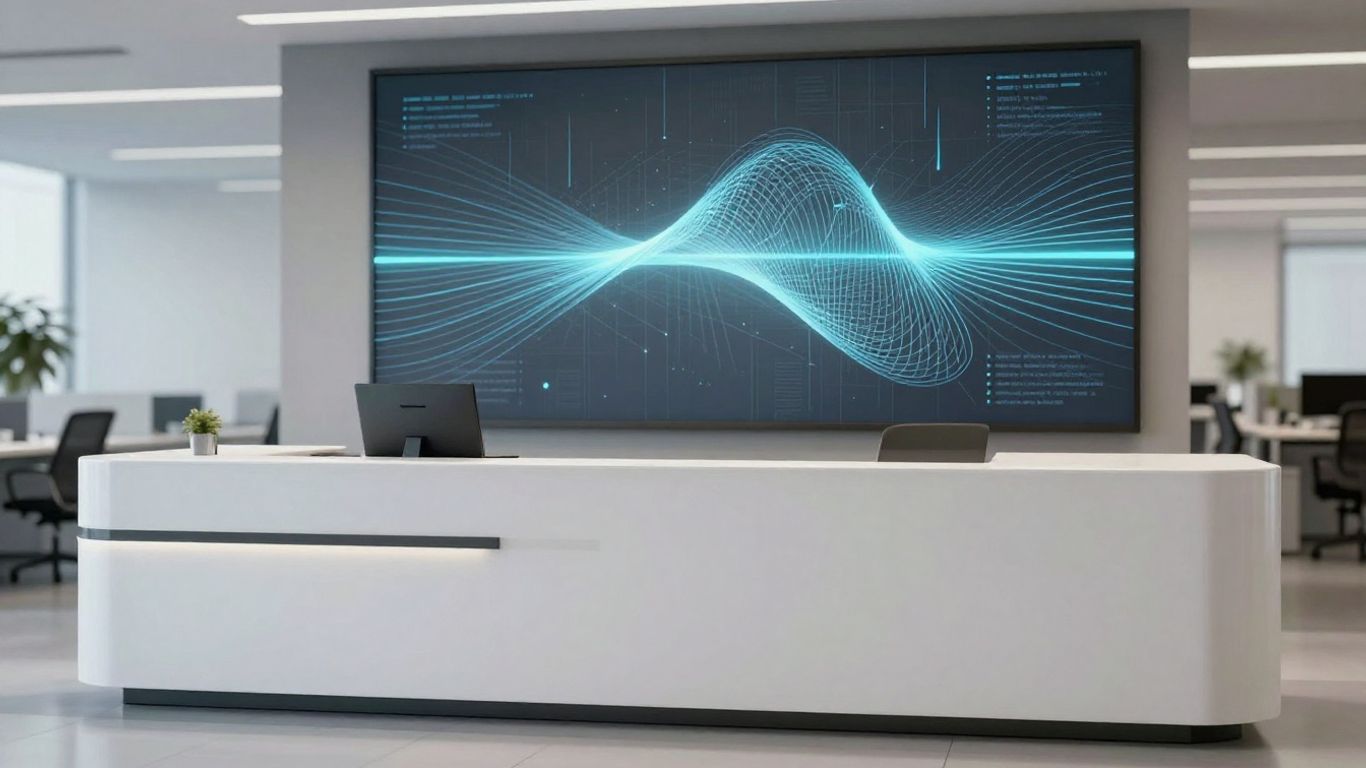 Dialpad AI receptionist interface in a modern office setting.