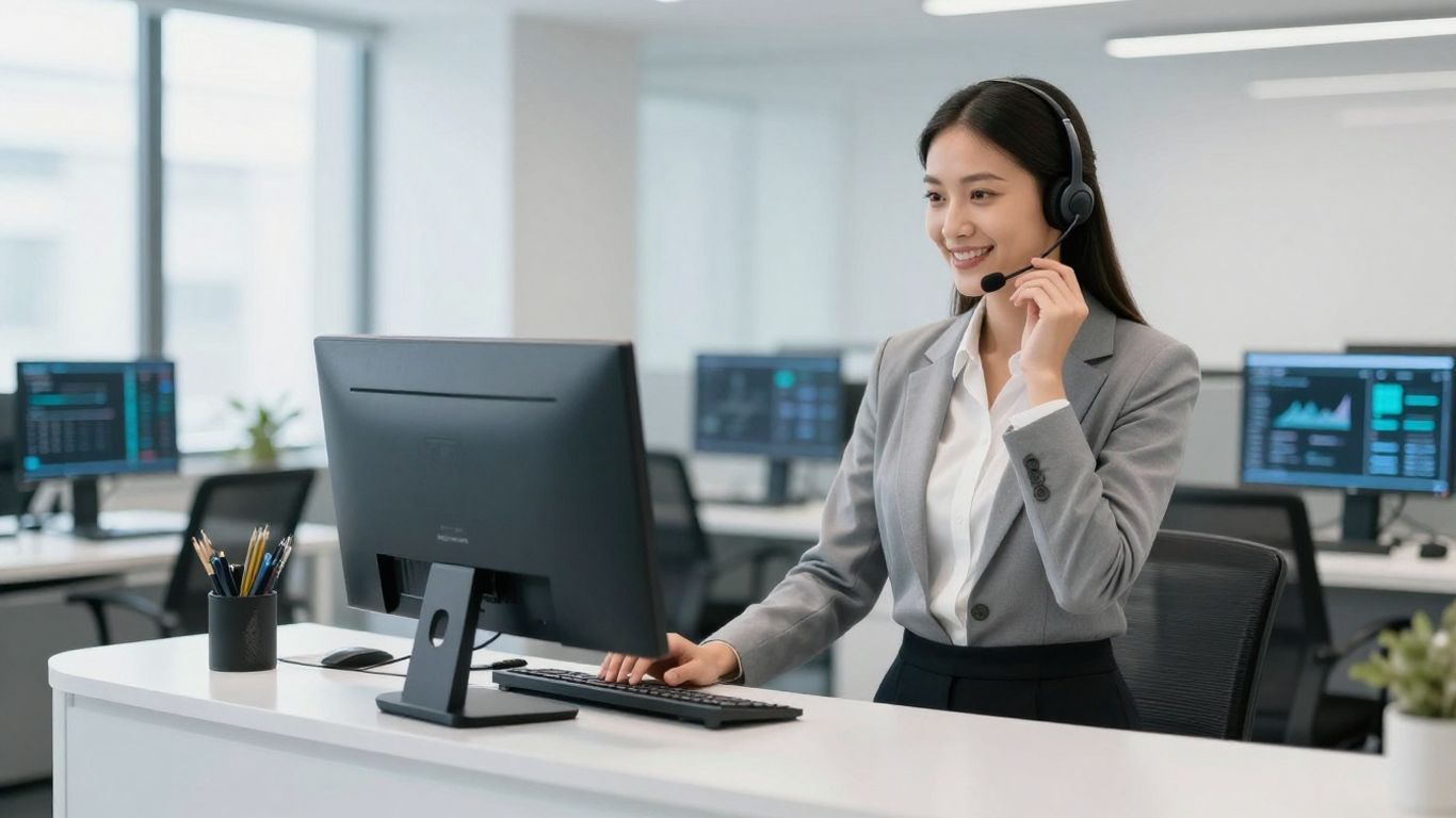 Professional receptionist using headset with advanced technology.