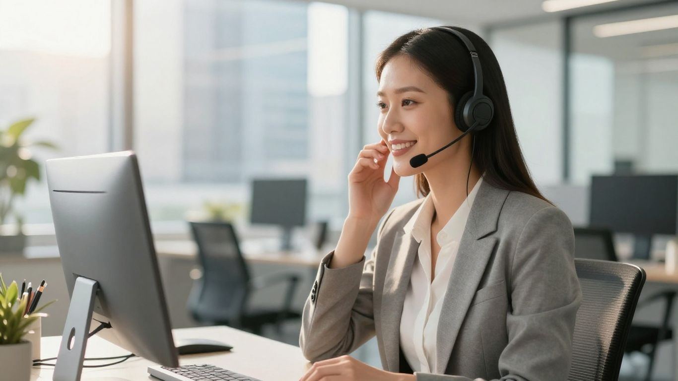 Professional woman with headset, busy office, cityscape background.