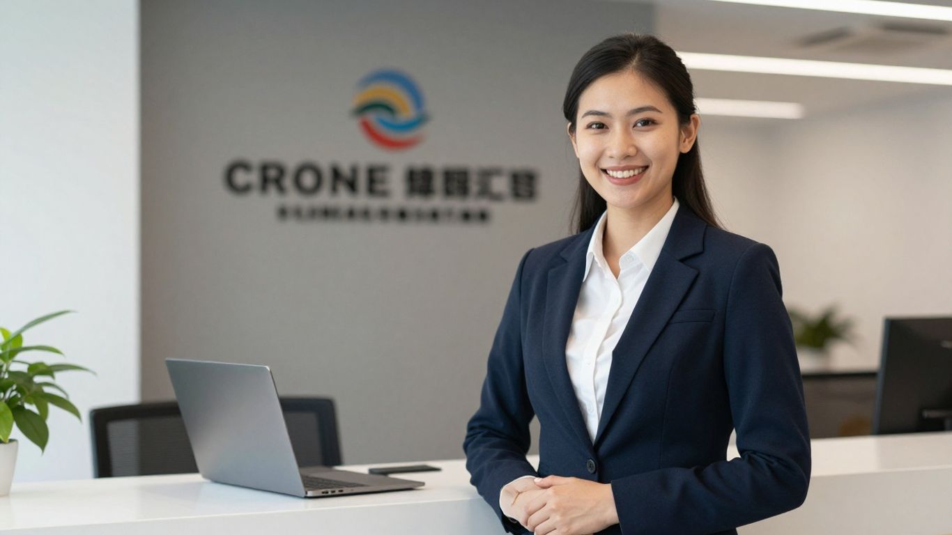 Professional receptionist assisting a client at a desk.