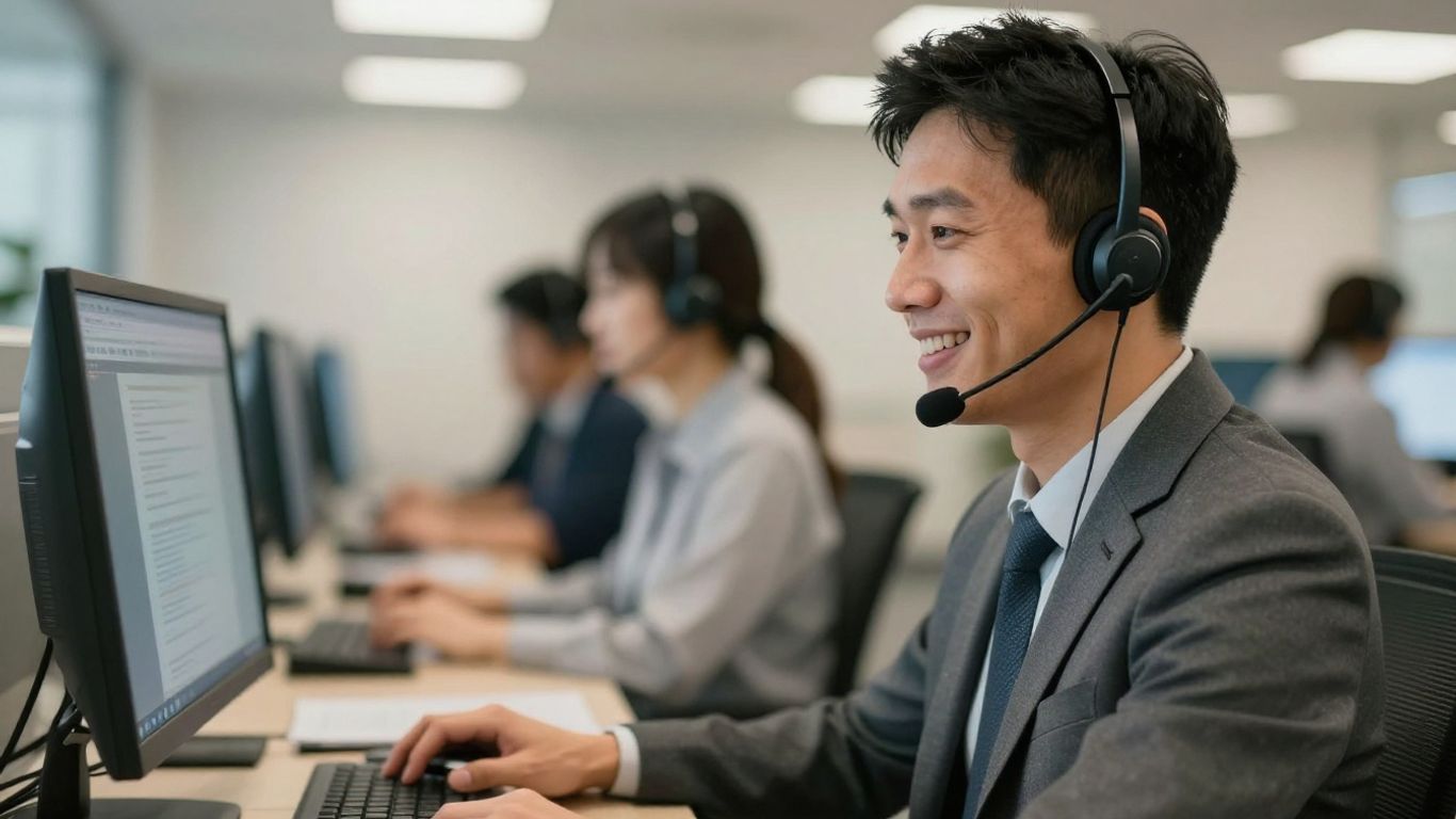 Call center agent with headset, friendly customer service.
