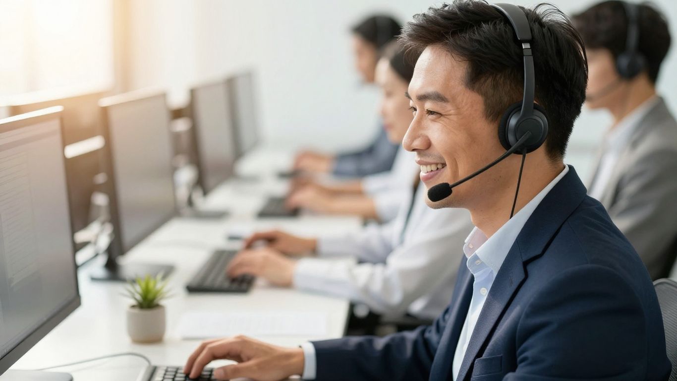 Call center agent with headset, bright office background.