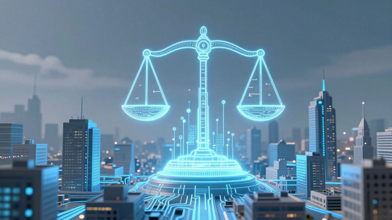 Futuristic cityscape with AI and legal scales.