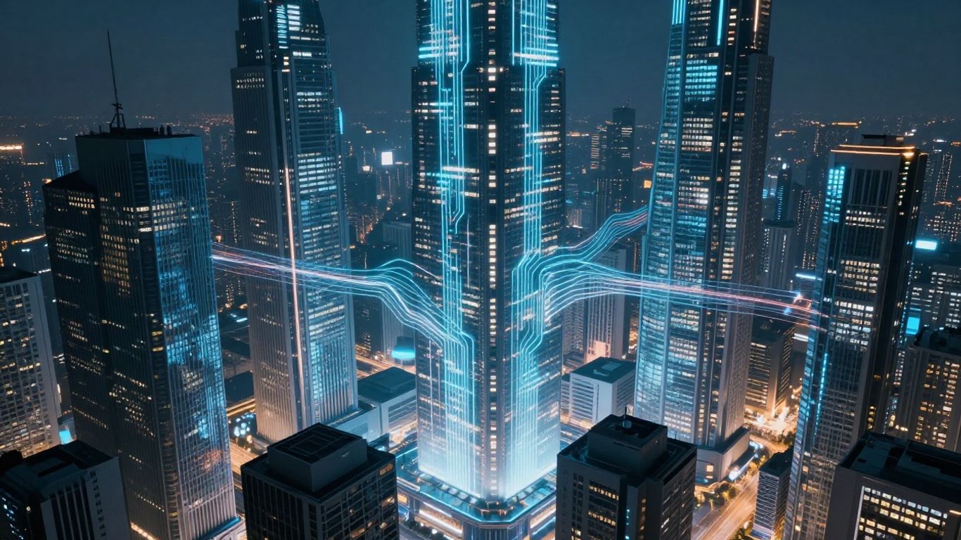 Futuristic cityscape with integrated digital circuits and light streams.