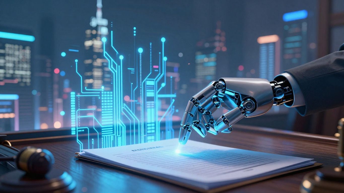 Futuristic courtroom with AI integration and legal documents.