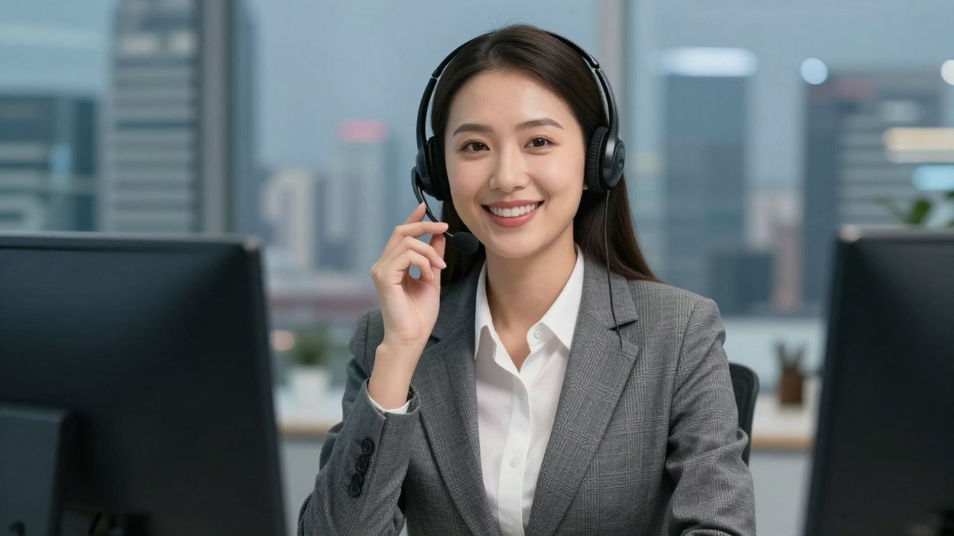 Professional woman with headset, modern office, cityscape background.