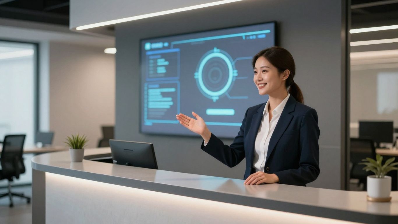 AI receptionist avatar welcoming visitors in a modern office.