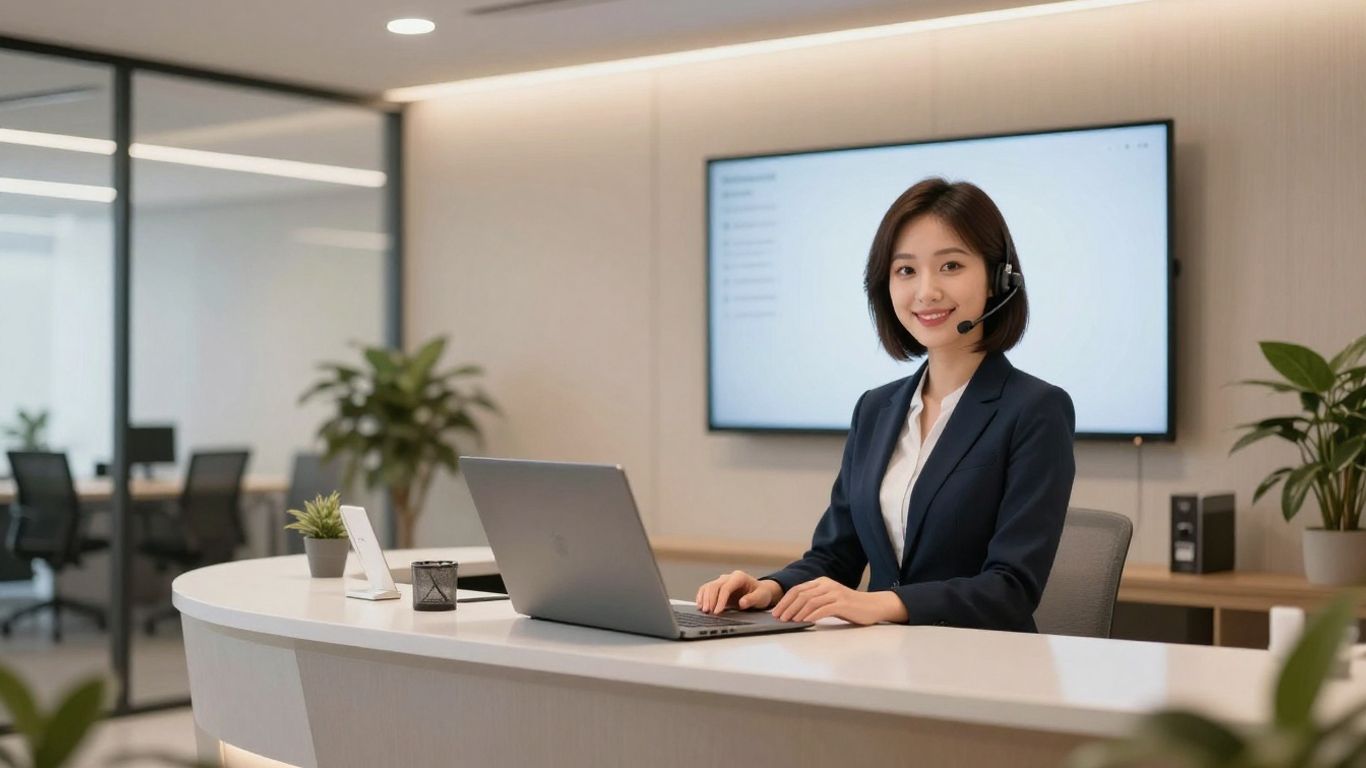 AI virtual assistant avatar at a business reception desk.