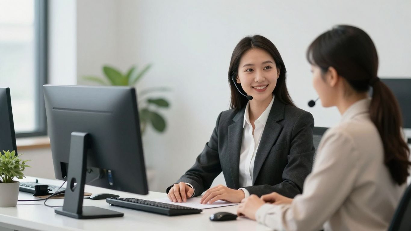 Professional answering service representative handling a business call.