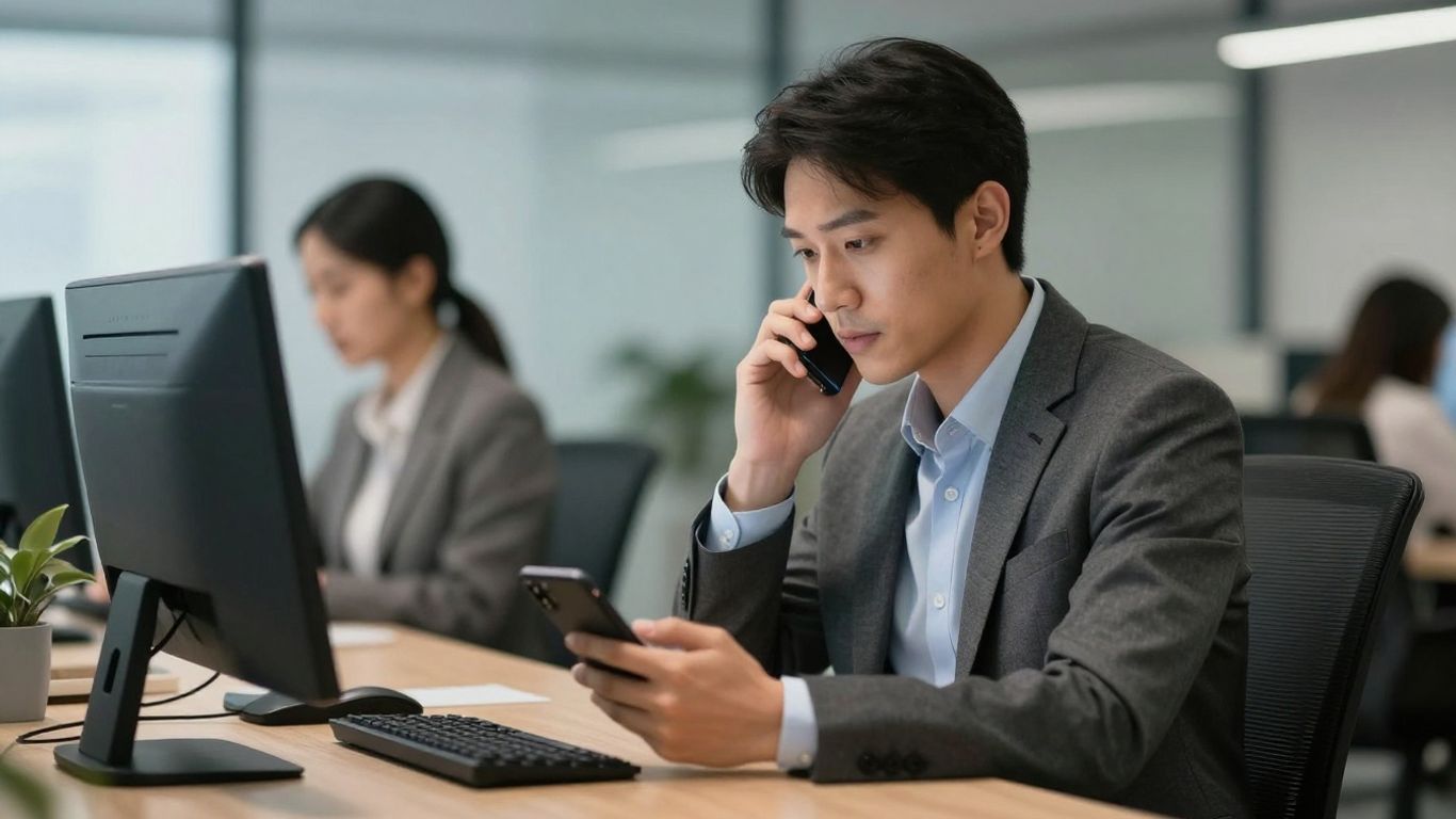 Business professional answering a phone with focus and efficiency.