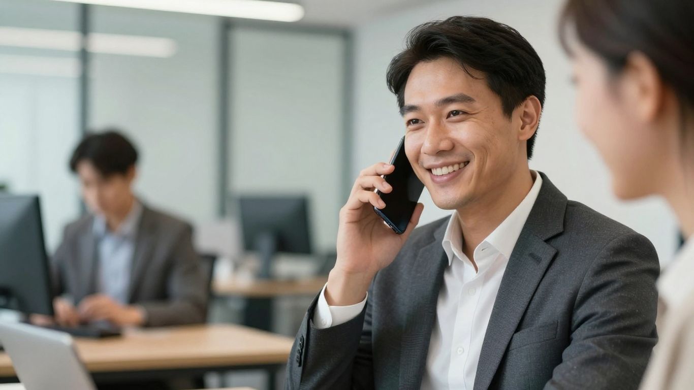 Professional answering a business phone call.