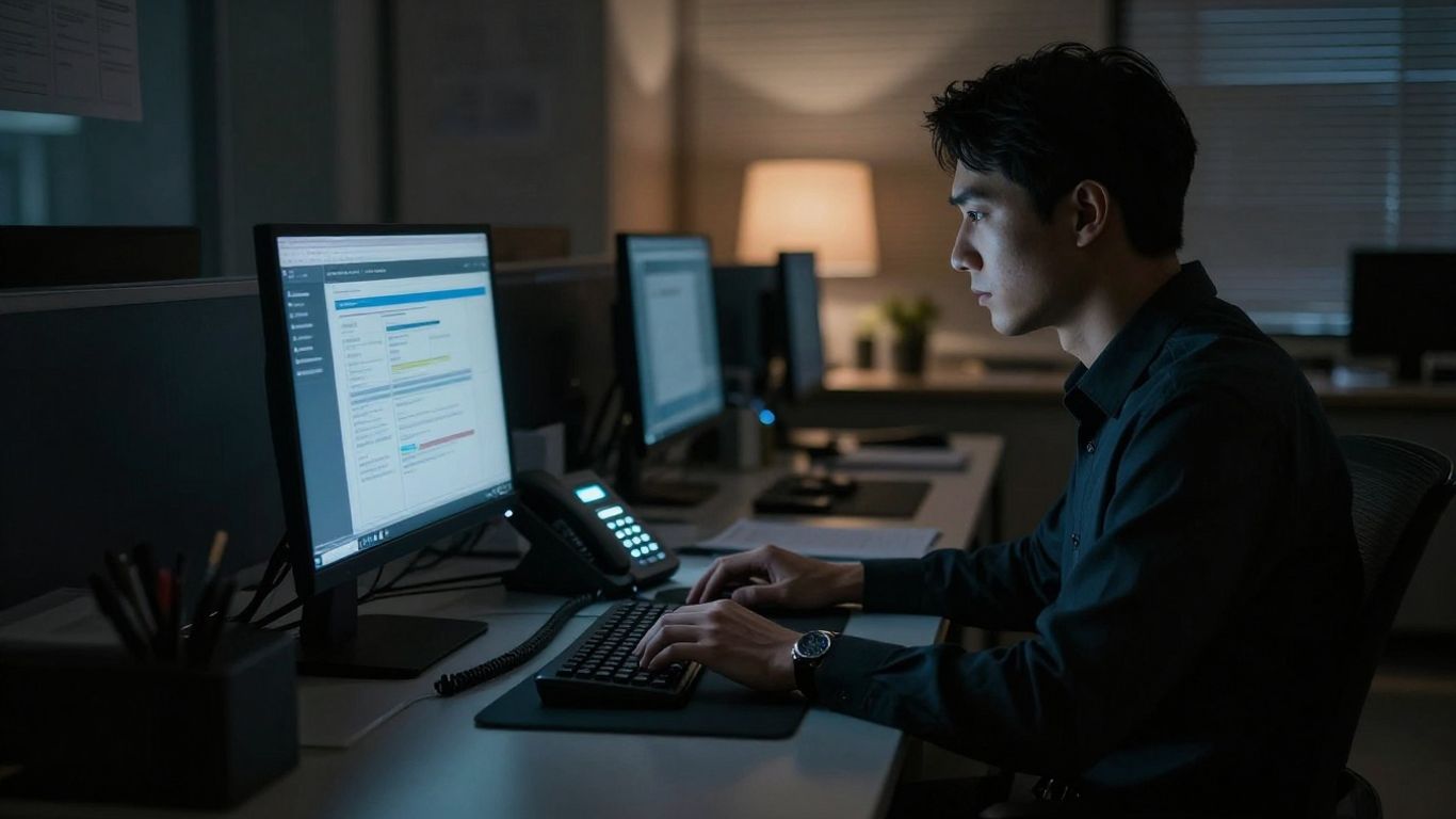 Business person working late with a glowing phone.