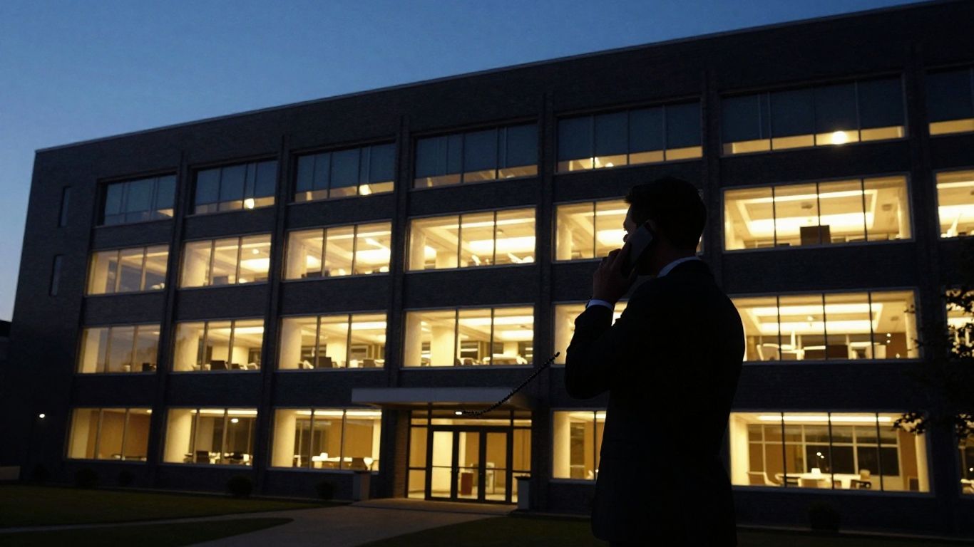 Business building at night with a person answering a phone.