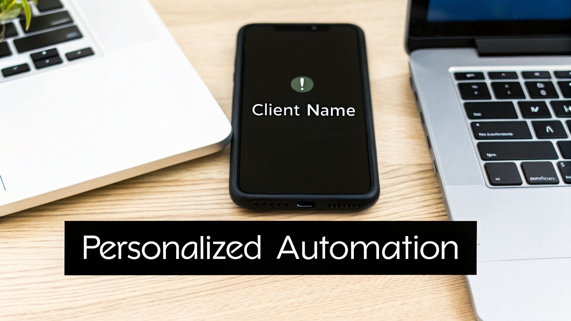 A smartphone displays 'Client Name' notification between two laptops, with text 'Personalized Automation'.