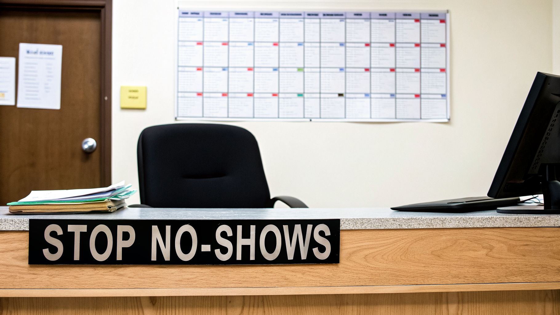 Front desk in an office with a 'STOP NO-SHOWS' sign, calendar, and computer.