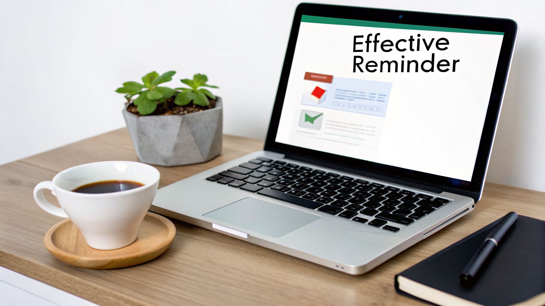 A modern desk setup with a laptop displaying an 'Effective Reminder,' coffee, plant, notebook, and pen.