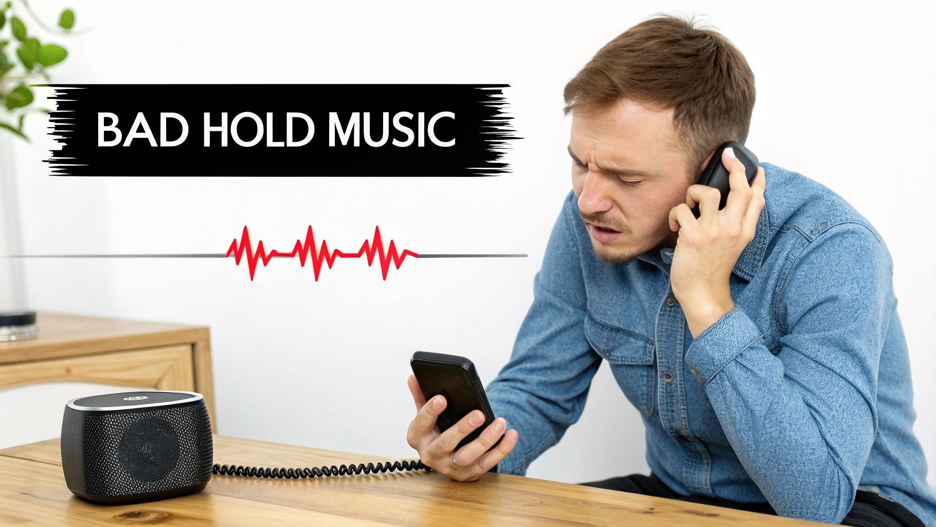 Frustrated man on a phone call, reacting negatively to bad hold music, with a speaker.