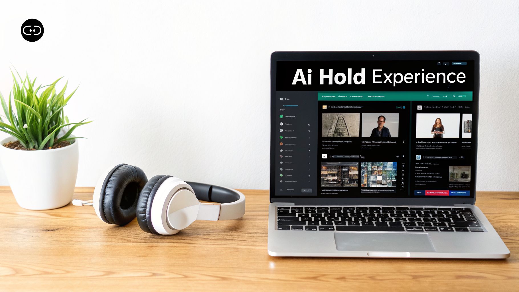 A laptop showing 'Ai Hold Experience' on screen, with headphones and a plant on a wooden desk.