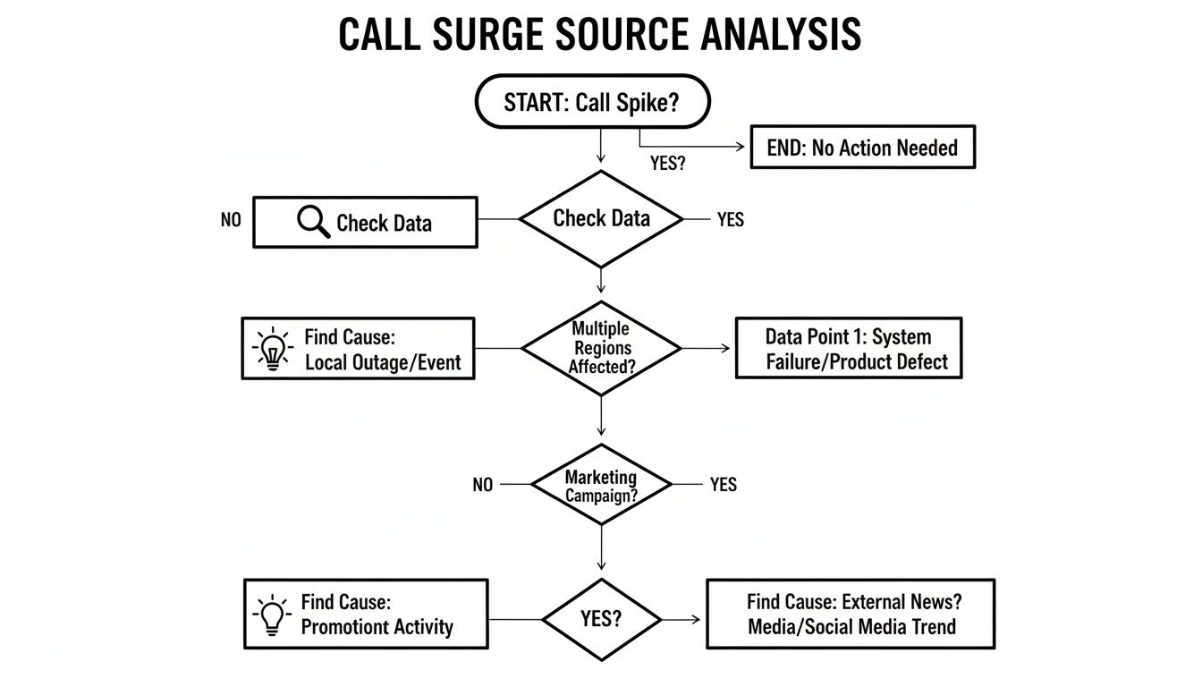 A flowchart for call surge source analysis, detailing steps to identify causes like system failures, local outages, or marketing campaigns.