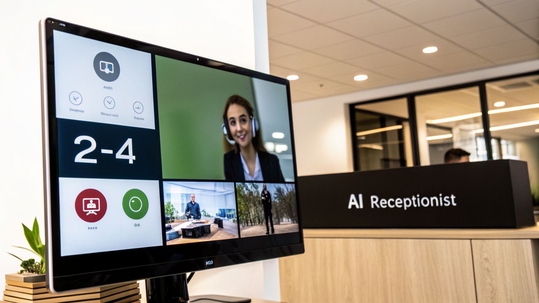 A large screen displays a video call with a woman in a headset and other participants, next to an AI Receptionist desk.