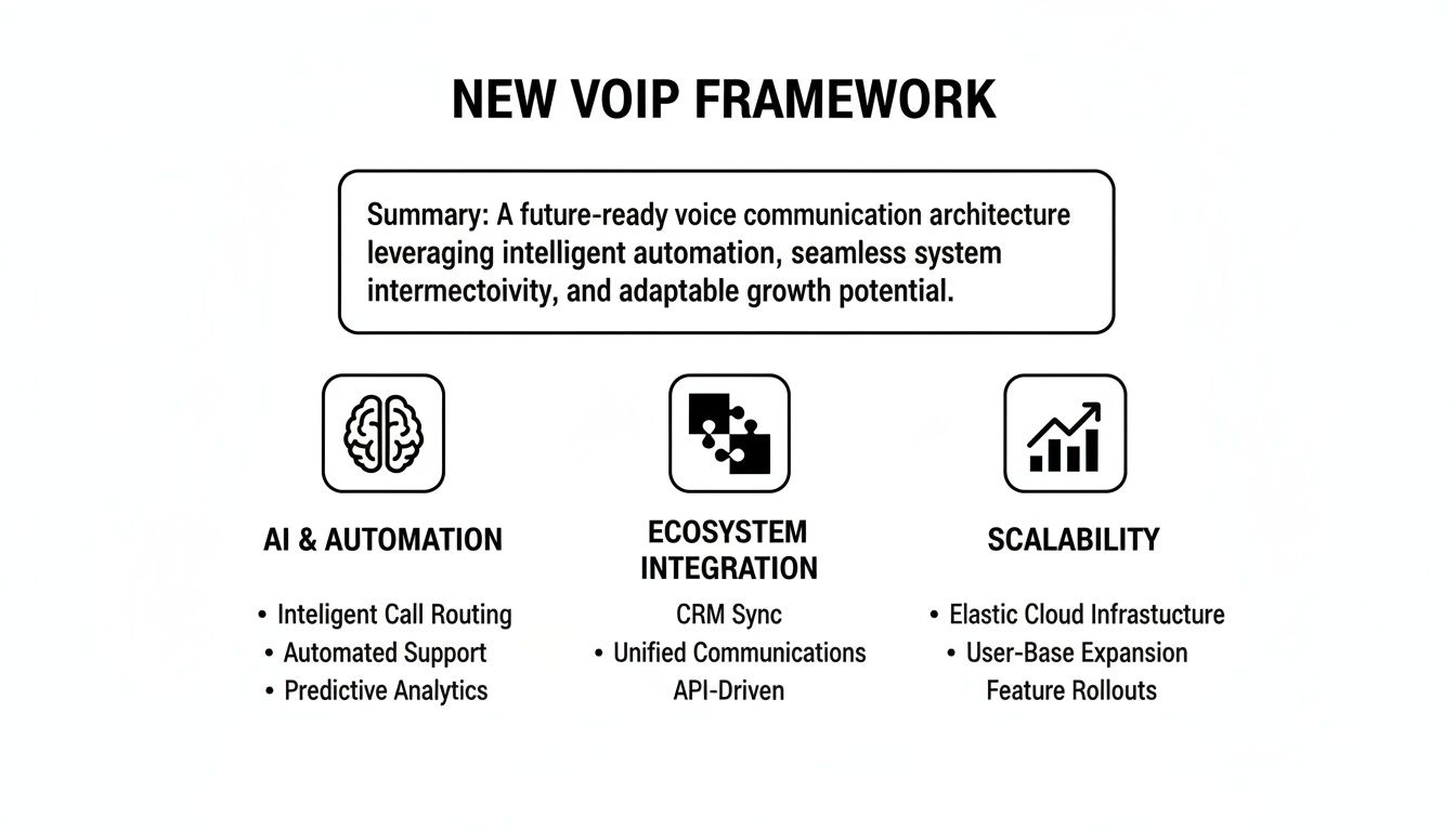 Infographic on a new VoIP framework, detailing AI, integration, and scalability features.