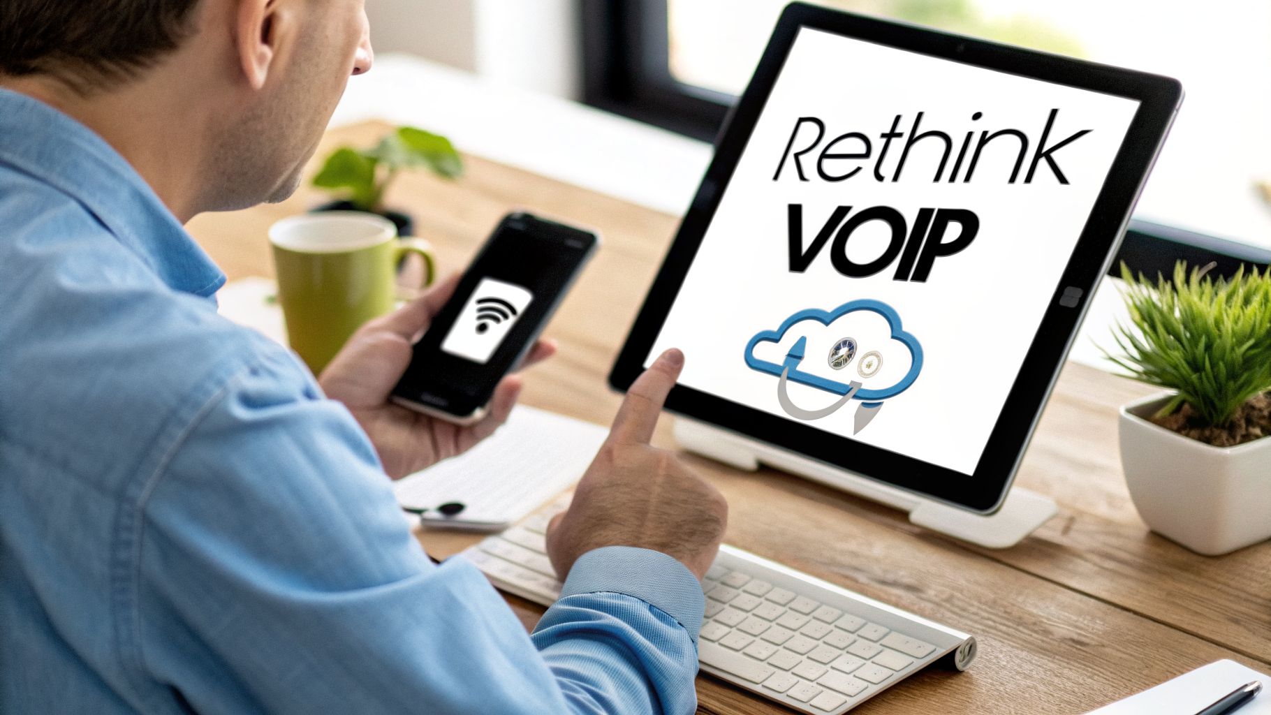 A person holds a phone with a Wi-Fi icon and points at a tablet displaying 'Rethink VOIP' with a cloud symbol.