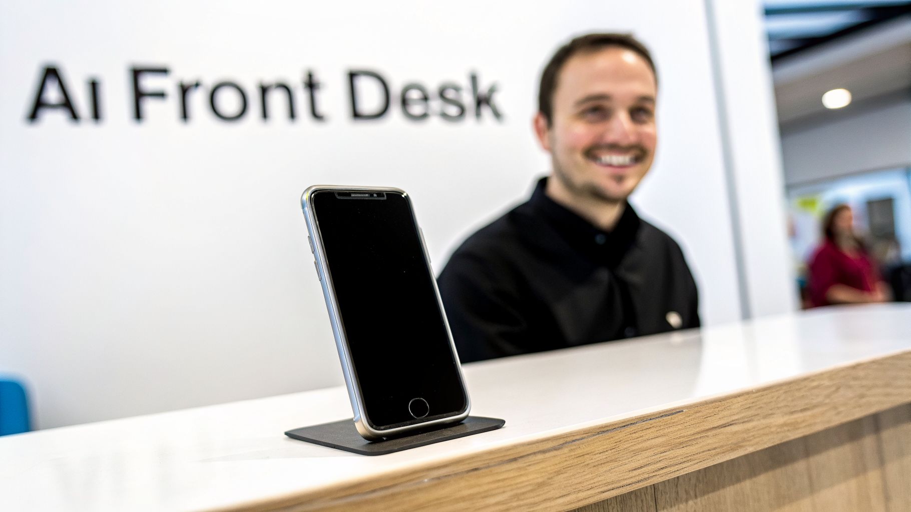 A smiling man behind a counter with a smartphone on a stand at an AI Front Desk.