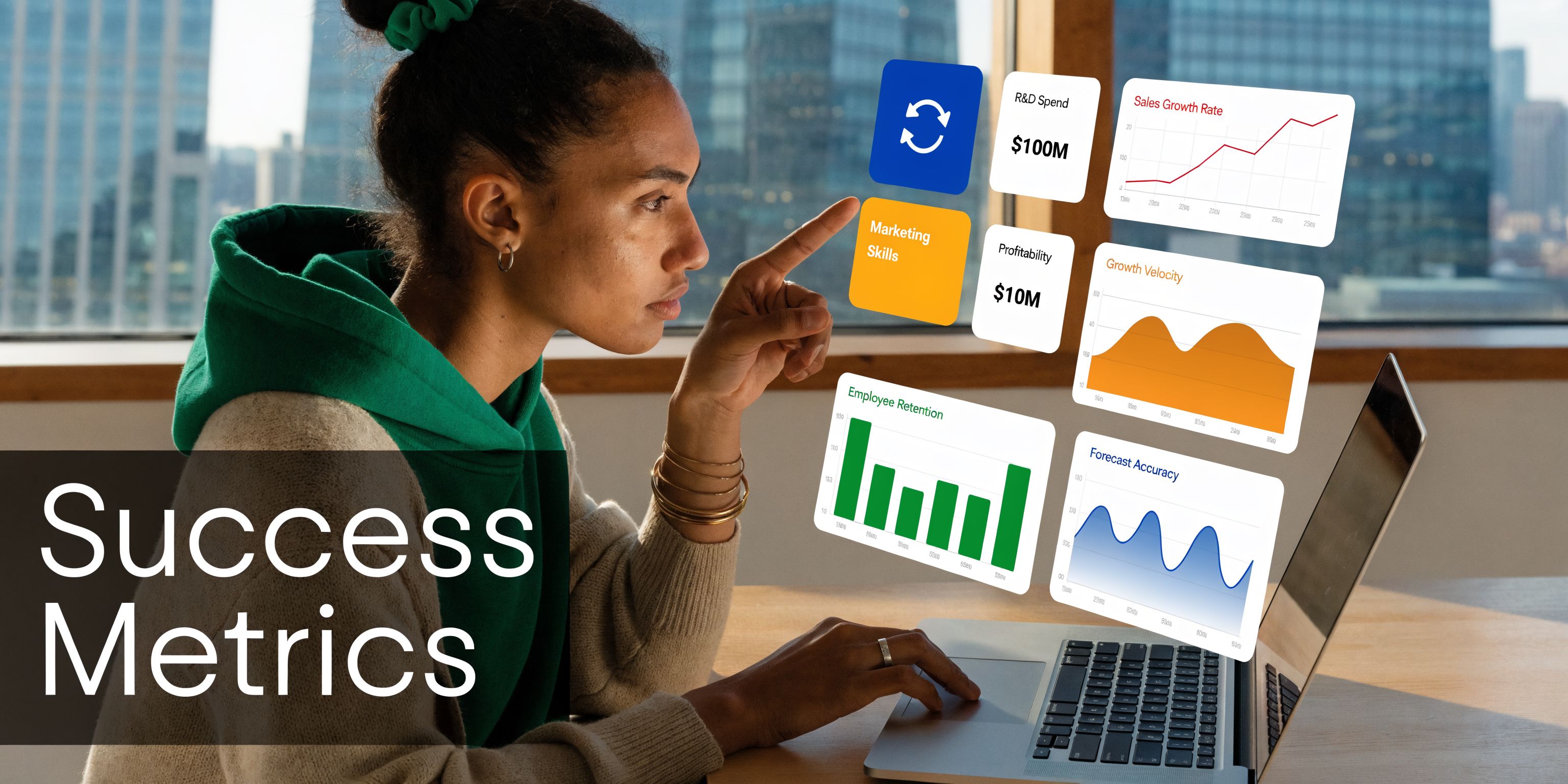 A woman working on a laptop with digital charts and business success metrics floating in the air.