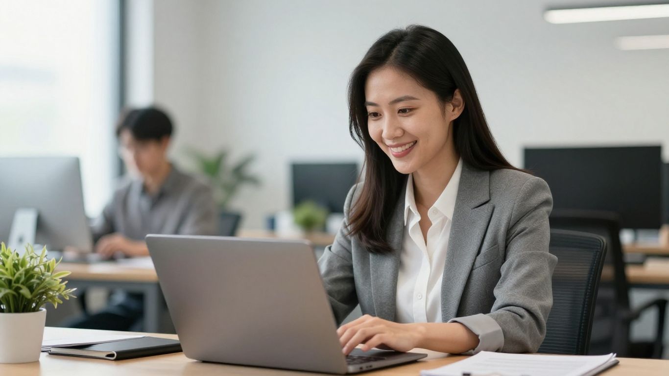 Professional woman working efficiently on a laptop.