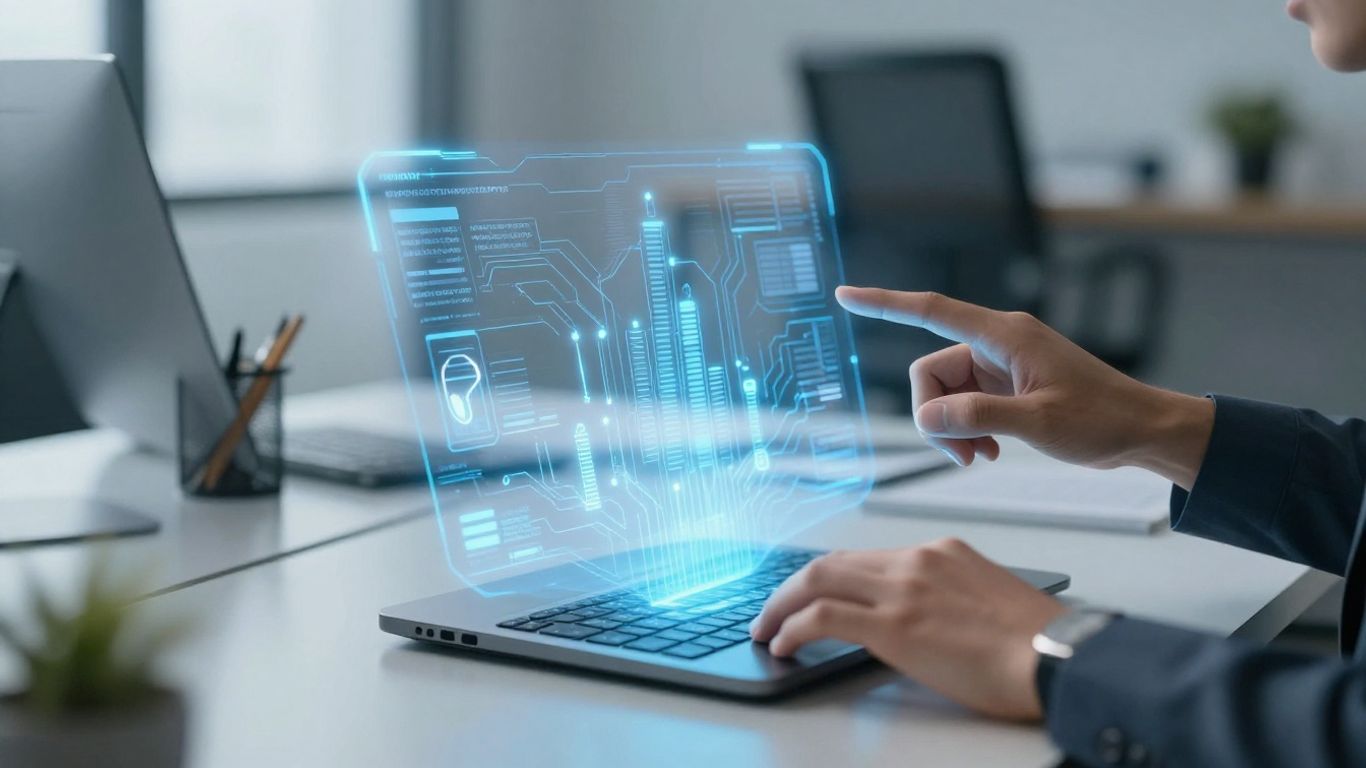 AI business assistant interface interacting with strategy projection.