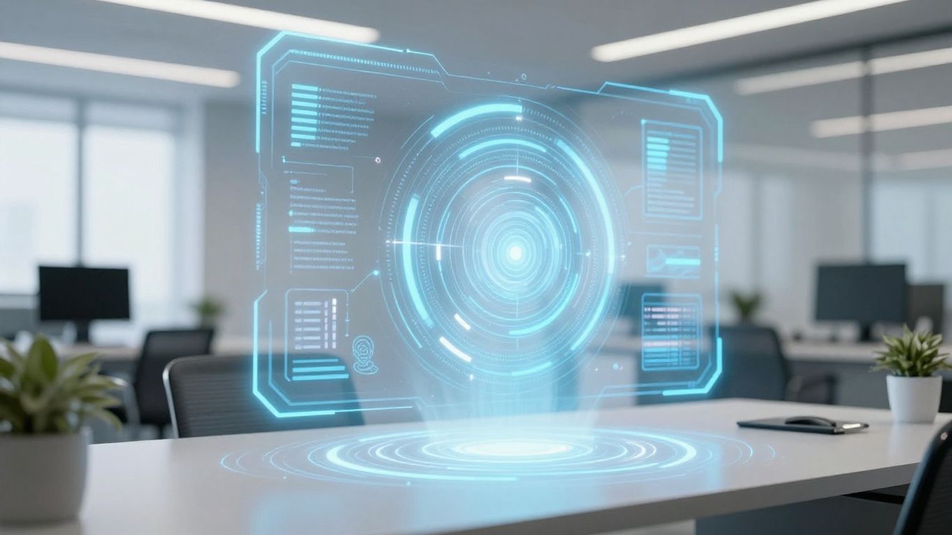 AI business assistant interface glowing in modern office