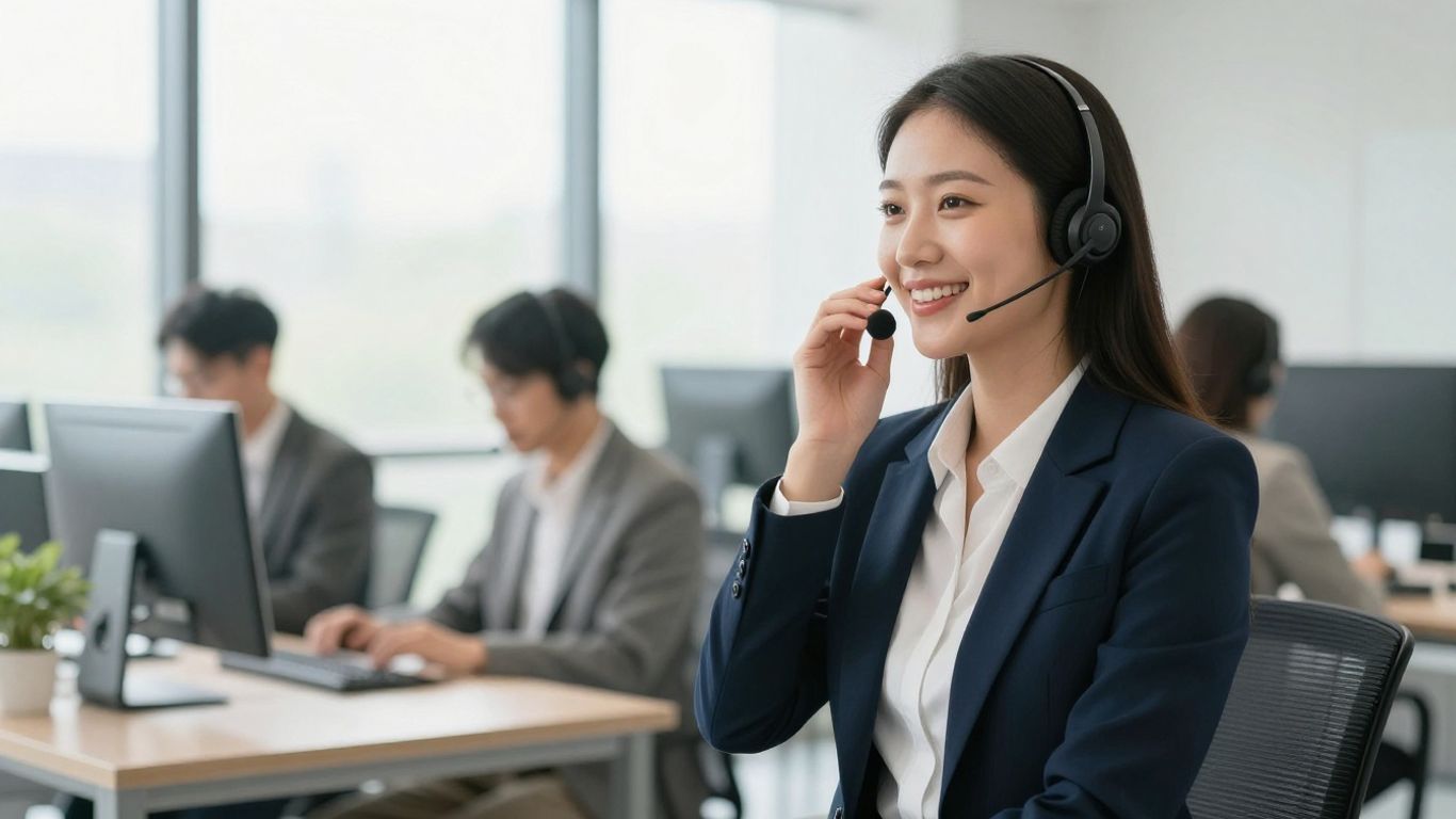 Professional answering service agent on headset assisting a customer.