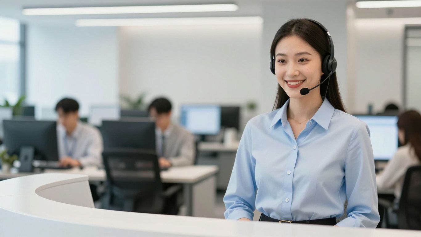 Professional receptionist using advanced technology in an office.
