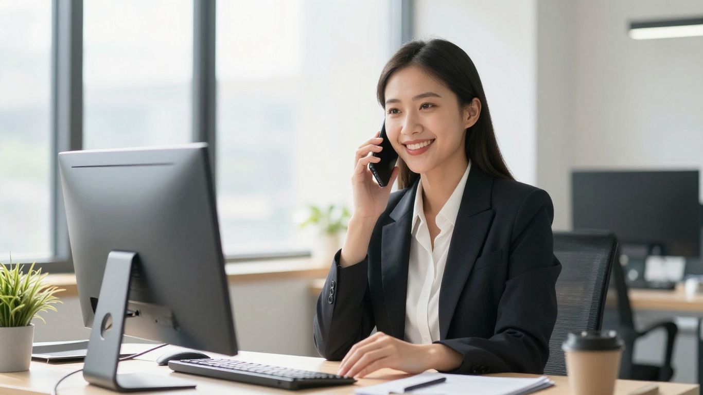 Businesswoman answering phone in modern office.