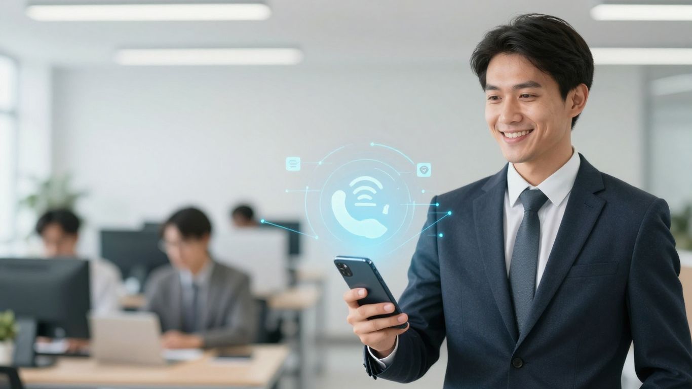 Business professional with smartphone, virtual call handling
