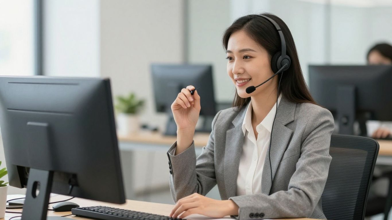 Professional woman on headset in office.