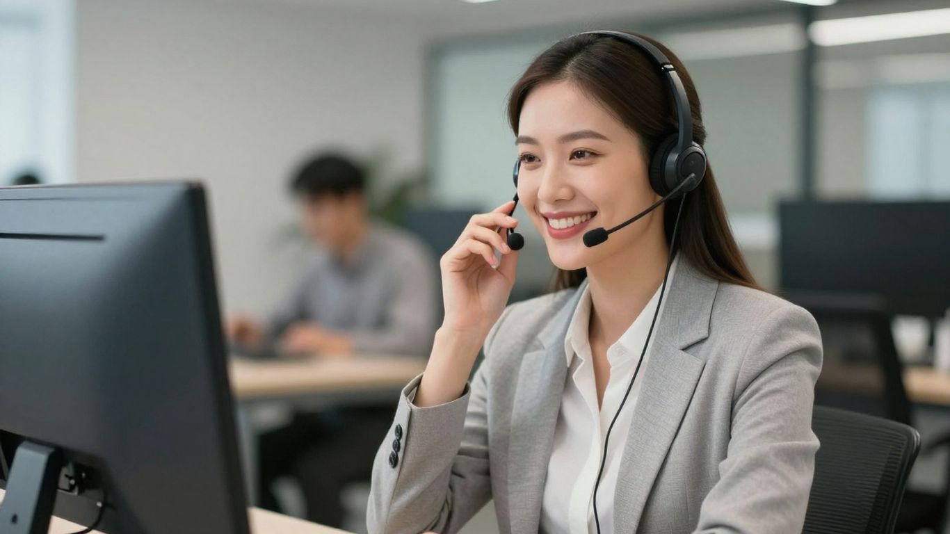 Professional receptionist answering calls with a headset.
