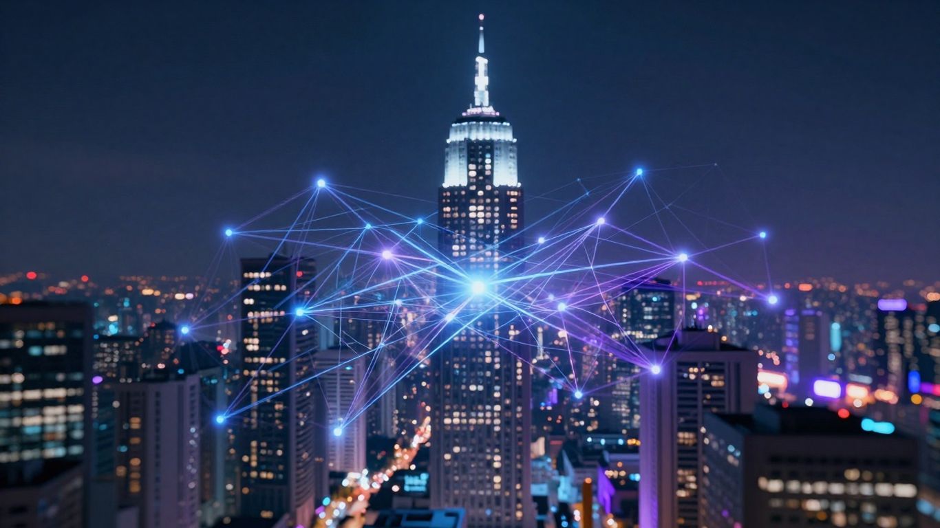 Futuristic cityscape with AI connections