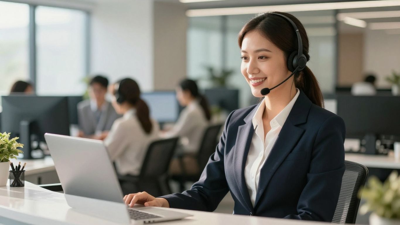 Professional receptionist using a headset in a modern office.