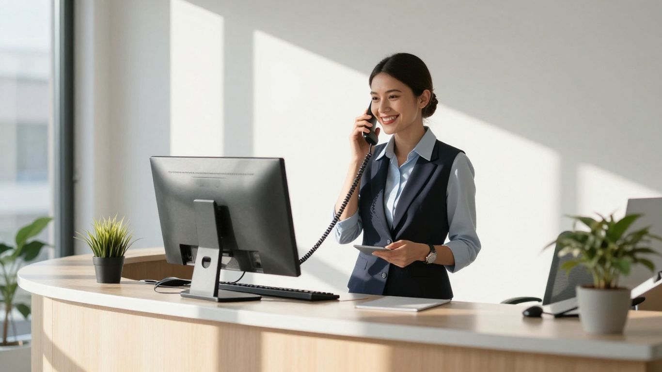 Receptionist answering a phone in a modern office.