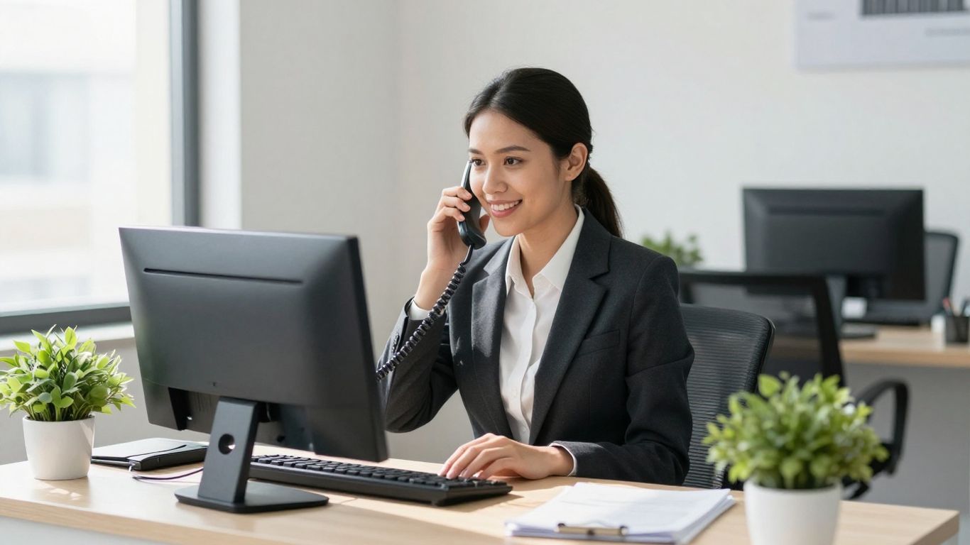 Receptionist answering a phone in a modern office.
