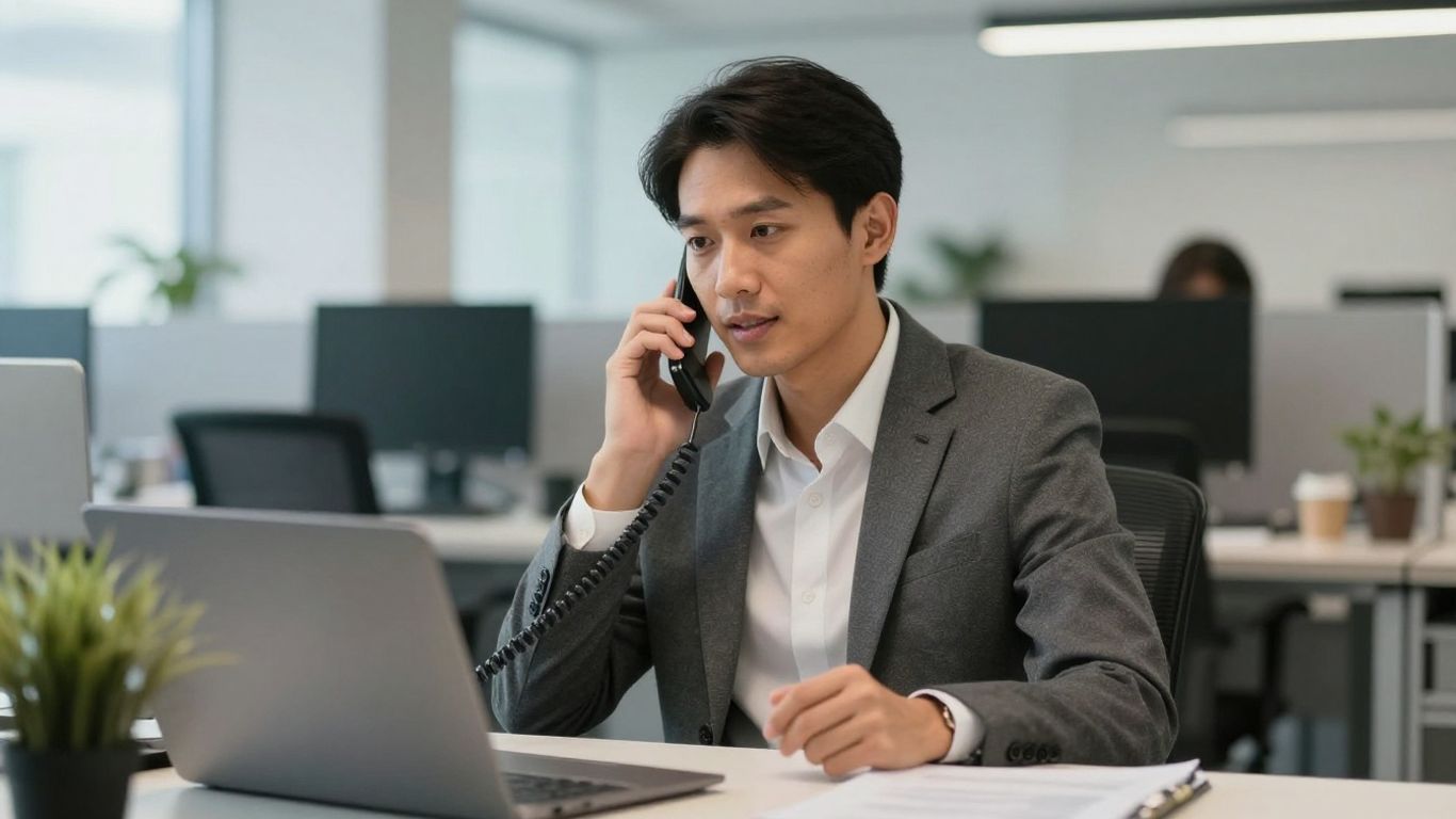 Business person answering phone in office