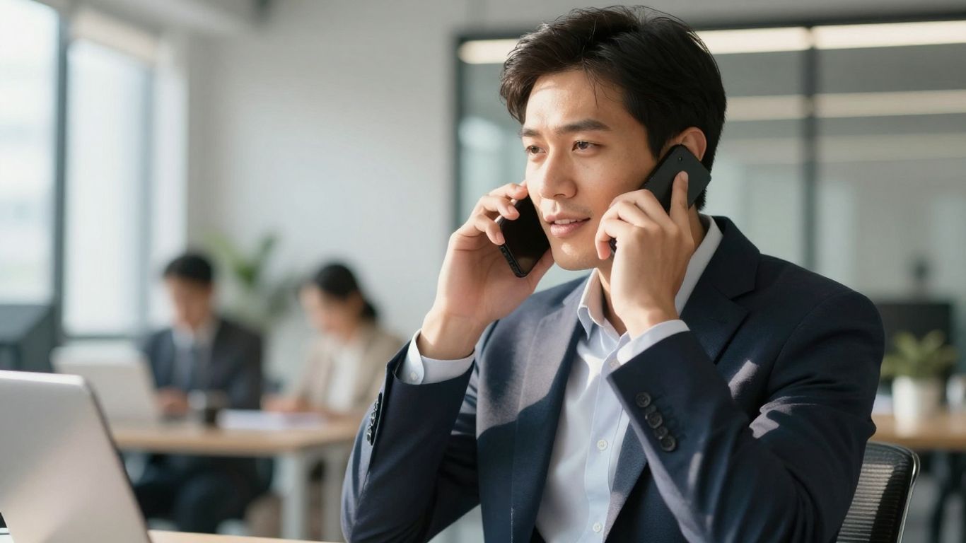 Business person answering phone, modern office background.