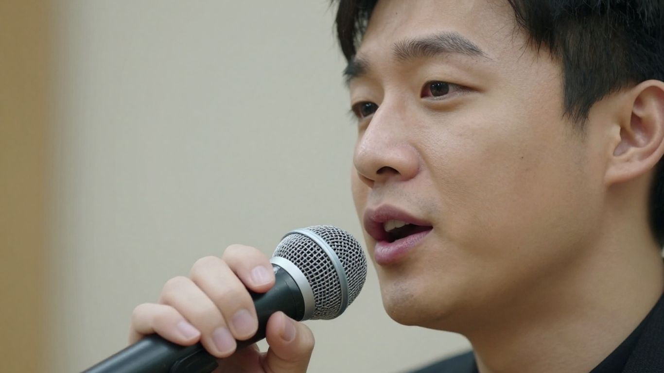 Person speaking into a microphone for clear communication.