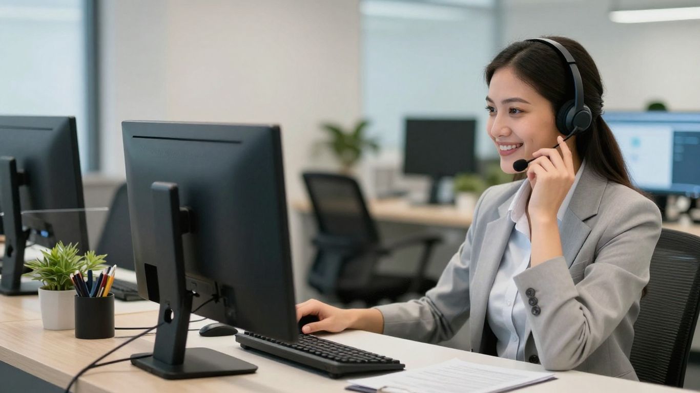 AnswerConnect receptionist with headset, professional office.