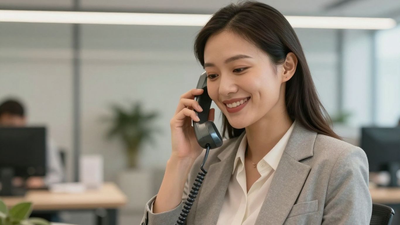 Businesswoman answering a phone with a smile.