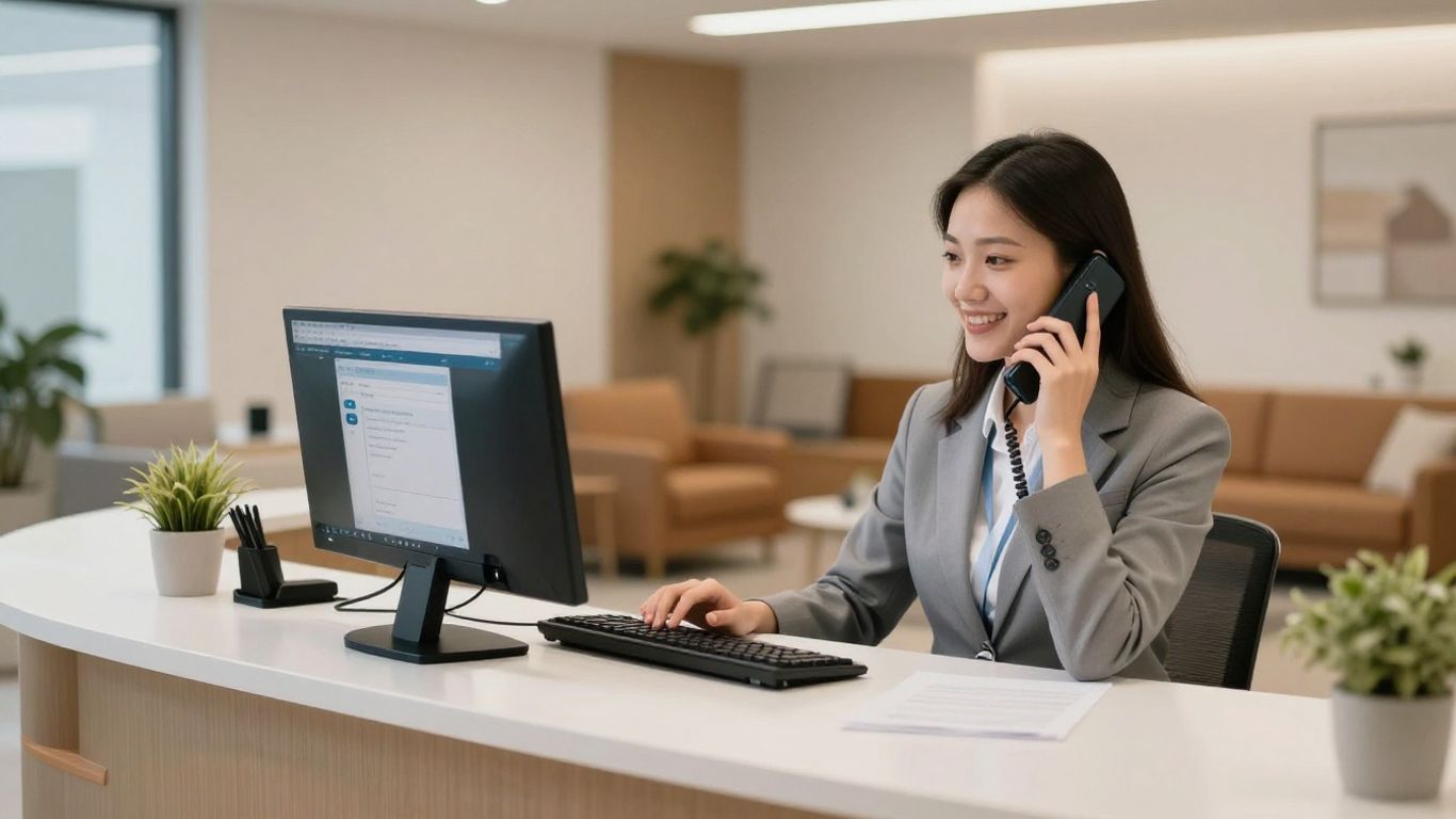 Medical receptionist answering phone in a modern office.