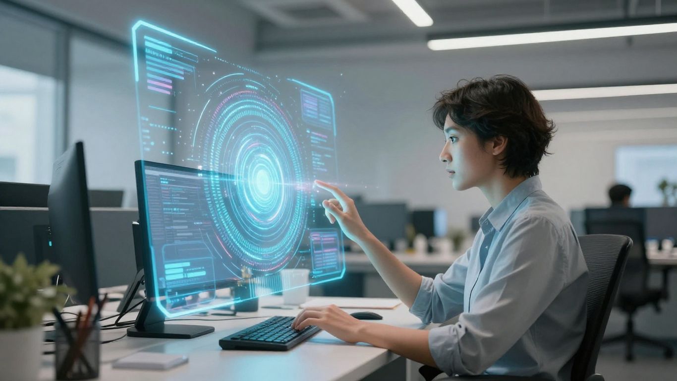 Person using AI virtual assistant with holographic interfaces.