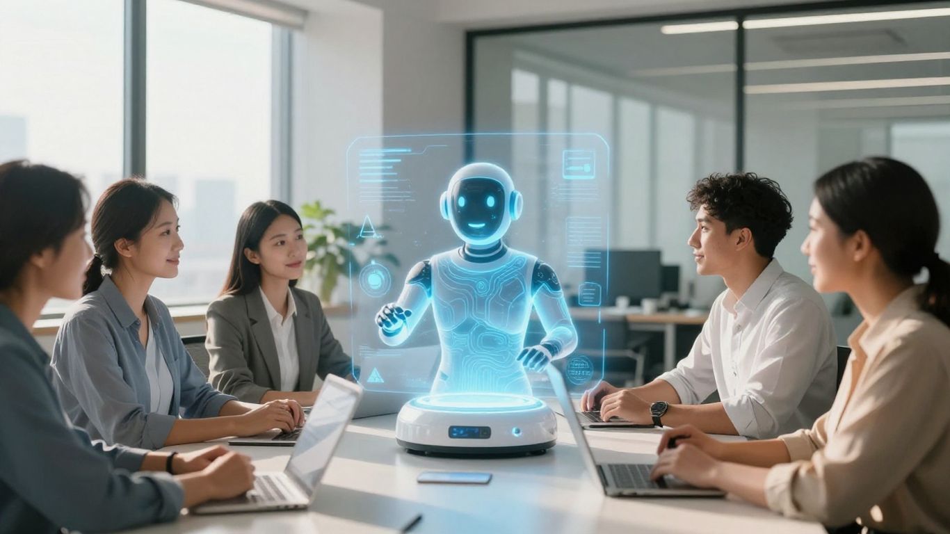 AI assistant helping business professionals in a modern office.